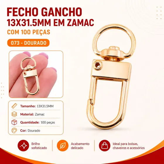Fecho Gancho 13X31.5Mm Em Zamac Com 100 Pecas