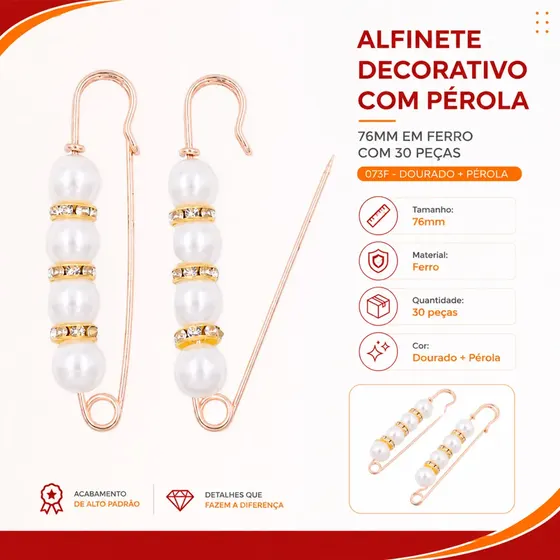 Alfinete Decorativo Com Perola 76Mm Em Ferro Com 30 Pecas