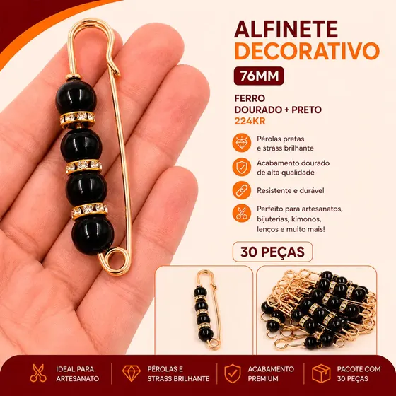 Alfinete Decorativo Com Perola 76Mm Em Ferro Com 30 Pecas