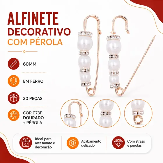 Alfinete Decorativo Com Perola 60Mm Em Ferro Com 30 Pecas
