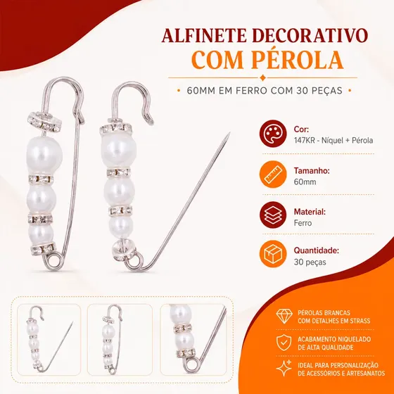 Alfinete Decorativo Com Perola 60Mm Em Ferro Com 30 Pecas