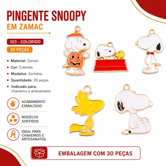 Pingente Snoopy Em Zamac Com 30 Pecas - 103 Colorido