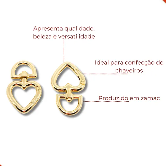 Coracao Mosquetao Articulado 28X47Mm Em Zamac Com 20 Pecas 073 - Dourado 073