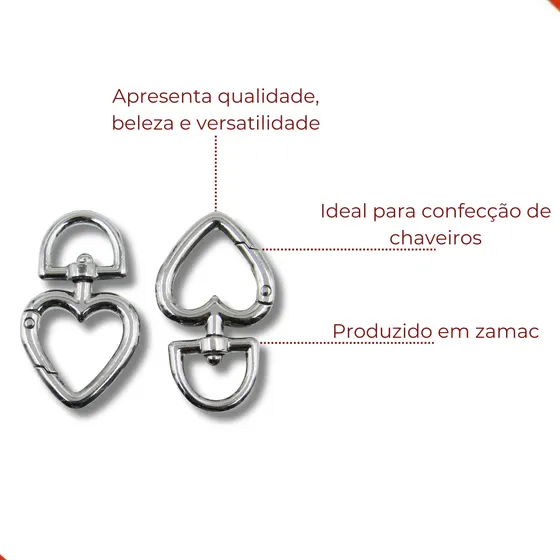 Coracao Mosquetao Articulado 28X47Mm Em Zamac Com 20 Pecas 074 - Niquel 074
