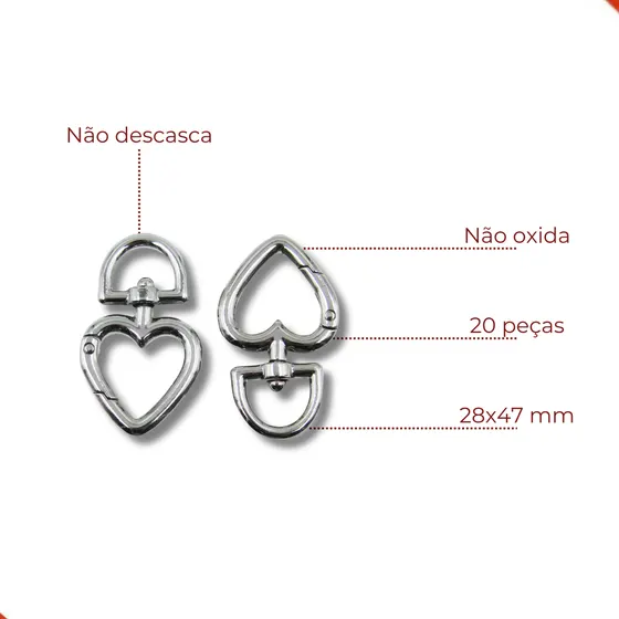 Coracao Mosquetao Articulado 28X47Mm Em Zamac Com 20 Pecas 074 - Niquel 074