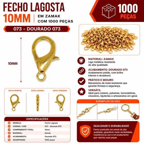 Fecho Lagosta 10Mm Em Zamak Com 1000 Pecas 073 - Dourado 073