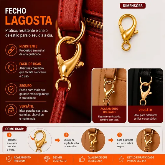 Fecho Lagosta 10Mm Em Zamak Com 1000 Pecas 073 - Dourado 073