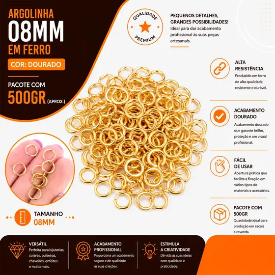 Argolinha 08Mm Em Ferro Com 500Gr 073 - Dourado 073