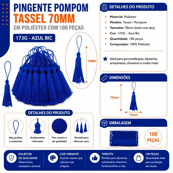 Pingente Pompom Tassel 70Mm Em Poliester Com 100 Pecas