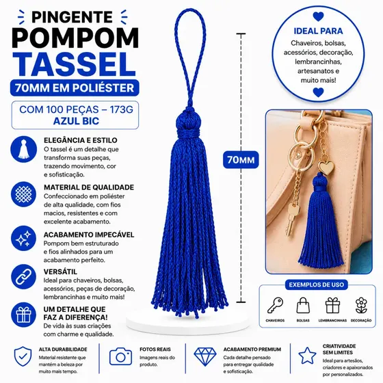 Pingente Pompom Tassel 70Mm Em Poliester Com 100 Pecas