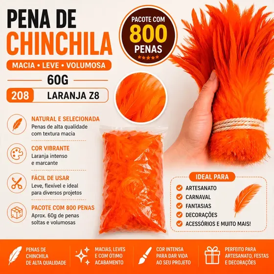Pena De Chinchila Com 800 Penas 60G 208 - Laranja Z8