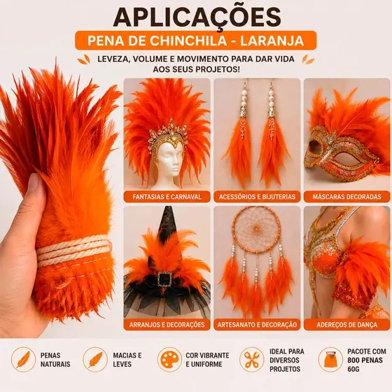 Pena De Chinchila Com 800 Penas 60G 208 - Laranja Z8