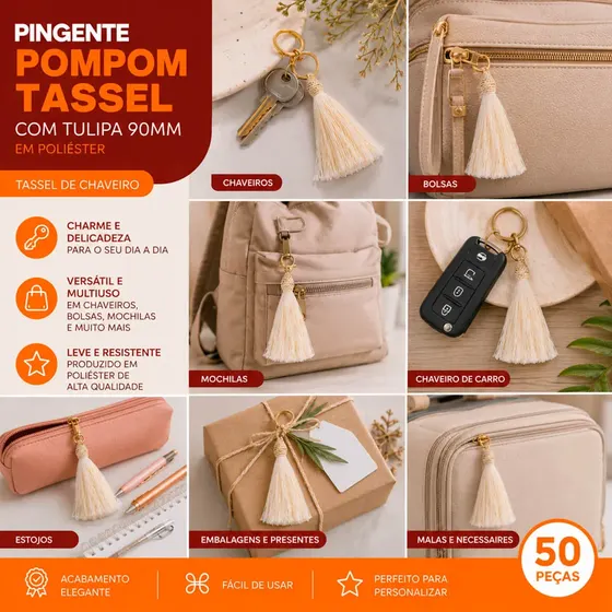 Pingente Pompom Tassel Com Tulipa 90Mm Em Poliester Com 50 Pecas 284 - Off White