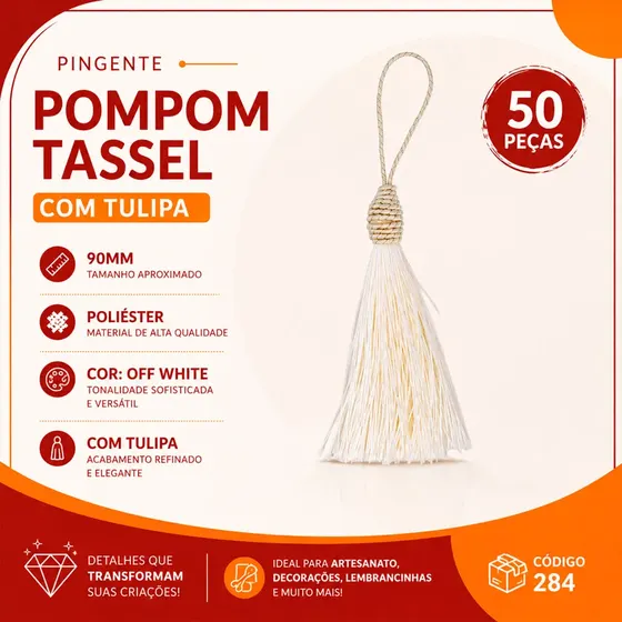 Pingente Pompom Tassel Com Tulipa 90Mm Em Poliester Com 50 Pecas 284 - Off White