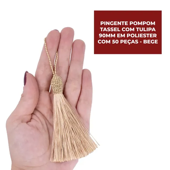 Pingente Pompom Tassel Com Tulipa 90Mm Em Poliester Com 50 Pecas - Bege