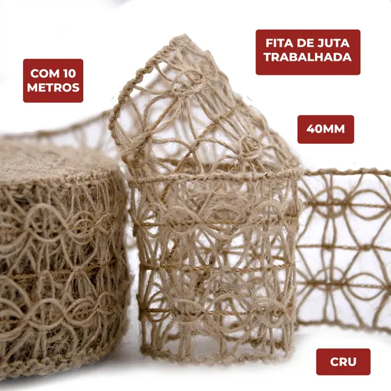 Fita De Juta Trabalhada 40Mm Com 10 Metros - Cru