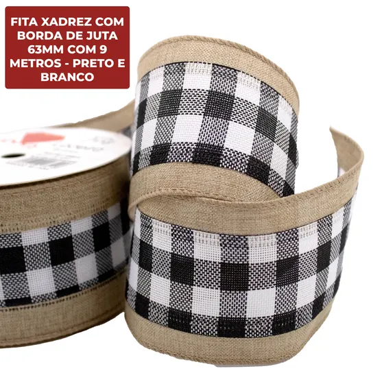 Fita Xadrez Com Borda De Juta 63Mm Com 9 Metros - Preto E Branco