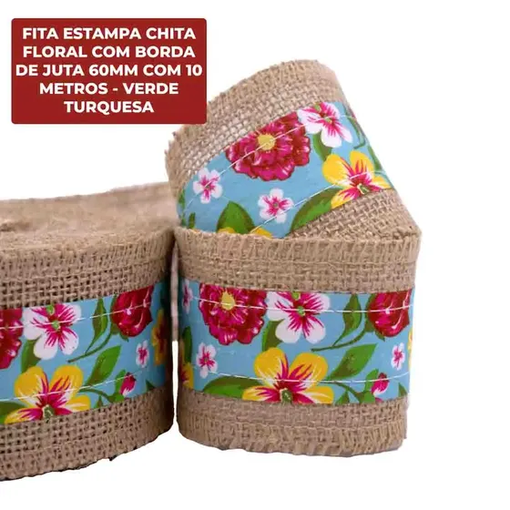 Fita Estampa Chita Floral Com Borda De Juta 60Mm Com 10 Metros - Verde Turquesa