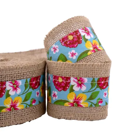 Fita Estampa Chita Floral Com Borda De Juta 60Mm Com 10 Metros - Verde Turquesa