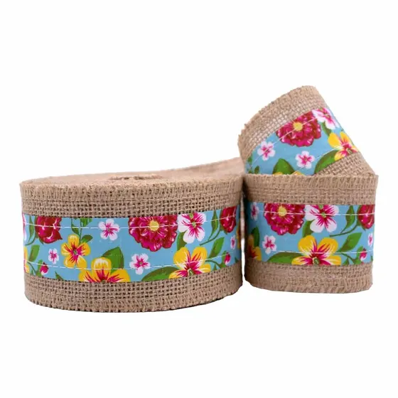 Fita Estampa Chita Floral Com Borda De Juta 60Mm Com 10 Metros - Verde Turquesa