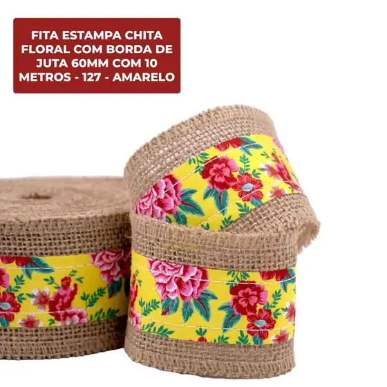 Fita Estampa Chita Floral Com Borda De Juta 60Mm Com 10 Metros