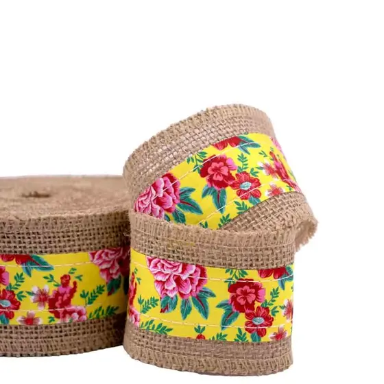 Fita Estampa Chita Floral Com Borda De Juta 60Mm Com 10 Metros