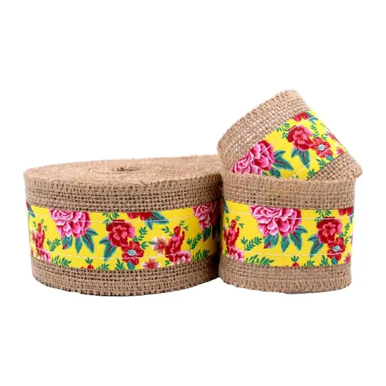 Fita Estampa Chita Floral Com Borda De Juta 60Mm Com 10 Metros