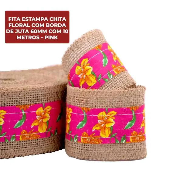 Fita Estampa Chita Floral Com Borda De Juta 60Mm Com 10 Metros - Pink