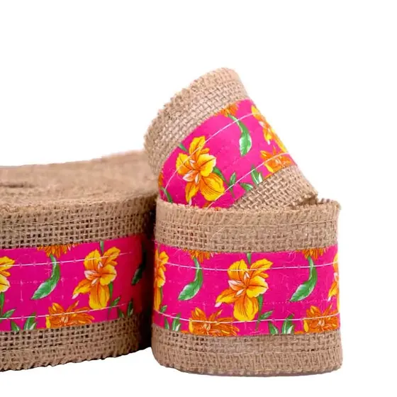 Fita Estampa Chita Floral Com Borda De Juta 60Mm Com 10 Metros - Pink