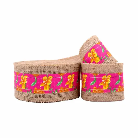 Fita Estampa Chita Floral Com Borda De Juta 60Mm Com 10 Metros - Pink