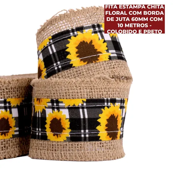 Fita Estampa Chita Floral Com Borda De Juta 60Mm Com 10 Metros - Colorido E Preto