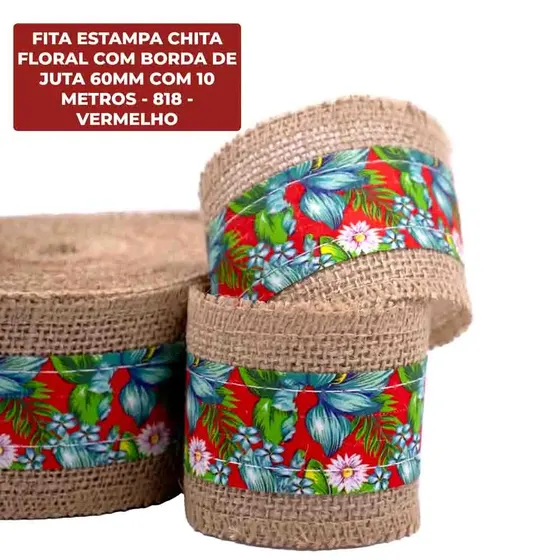 Fita Estampa Chita Floral Com Borda De Juta 60Mm Com 10 Metros