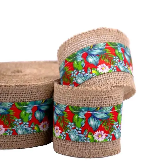 Fita Estampa Chita Floral Com Borda De Juta 60Mm Com 10 Metros
