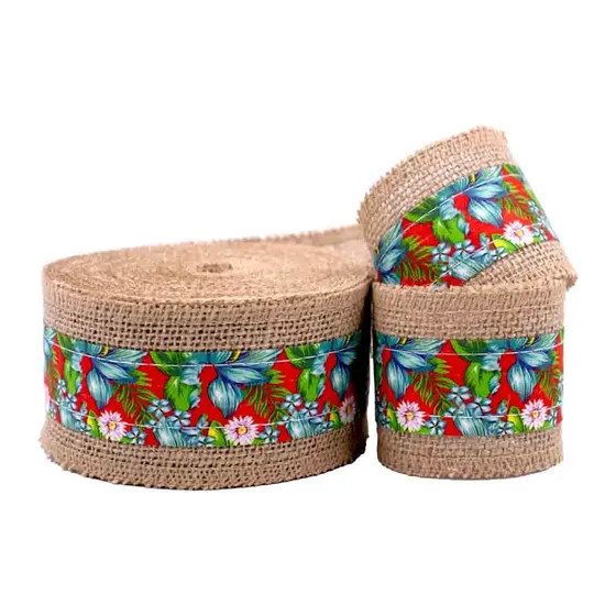 Fita Estampa Chita Floral Com Borda De Juta 60Mm Com 10 Metros