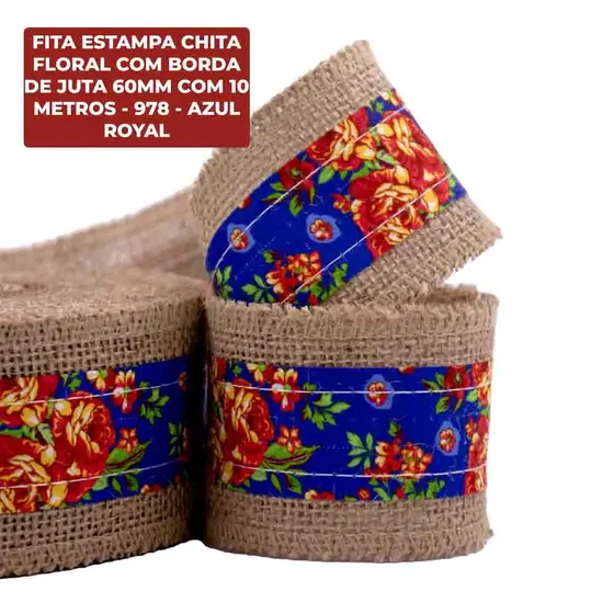 Fita Estampa Chita Floral Com Borda De Juta 60Mm Com 10 Metros