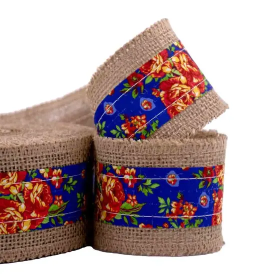 Fita Estampa Chita Floral Com Borda De Juta 60Mm Com 10 Metros
