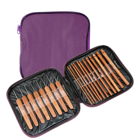 Kit Estojo Com Agulhas De Croche Em Bambu Com 20 Pecas