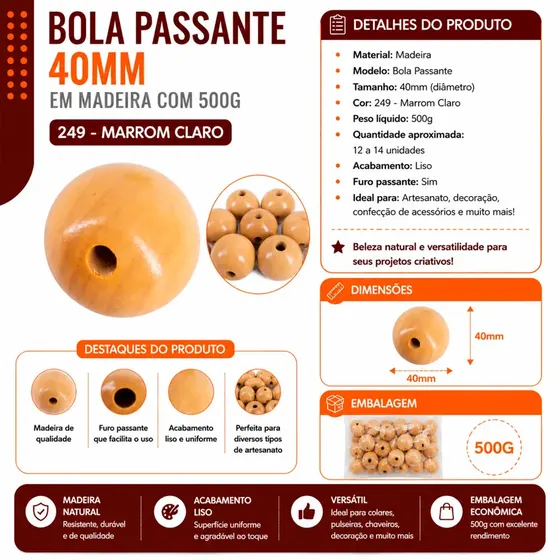 Bola Passante 40Mm Em Madeira Com 500G