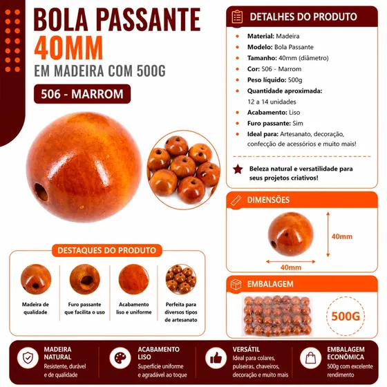 Bola Passante 40Mm Em Madeira Com 500G
