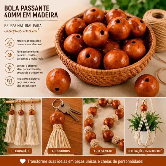 Bola Passante 40Mm Em Madeira Com 500G