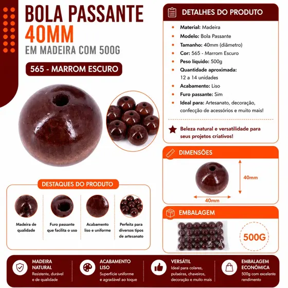 Bola Passante 40Mm Em Madeira Com 500G