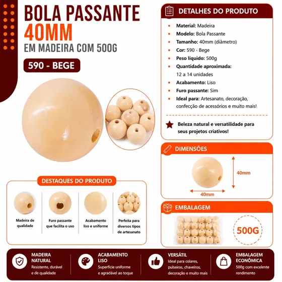 Bola Passante 40Mm Em Madeira Com 500G