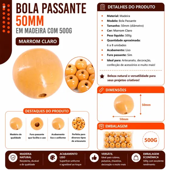 Bola Passante 50Mm Em Madeira Com 500G