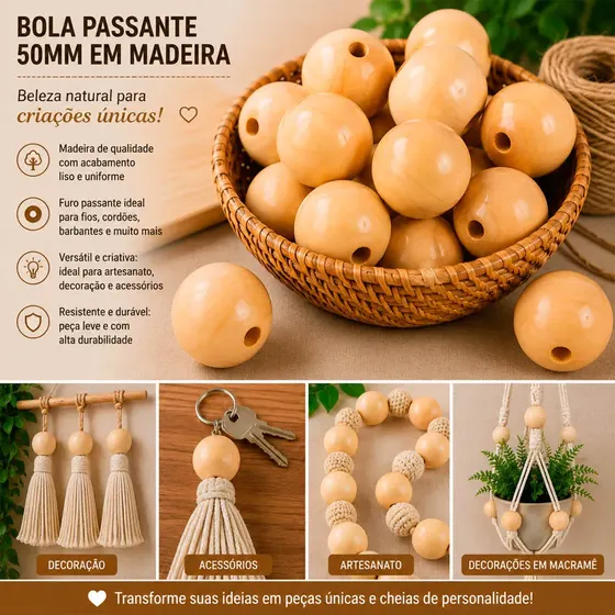 Bola Passante 50Mm Em Madeira Com 500G