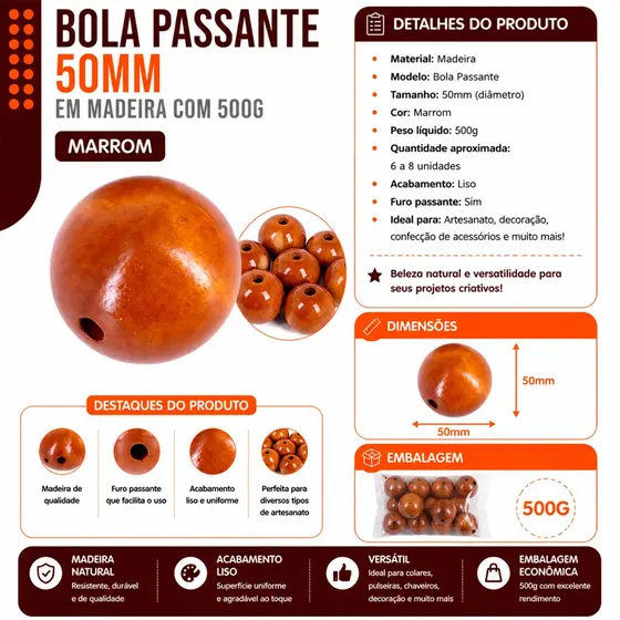 Bola Passante 50Mm Em Madeira Com 500G