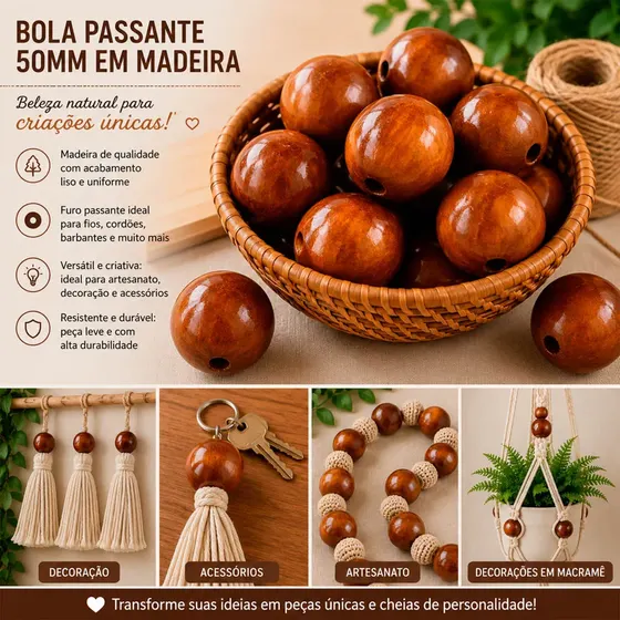 Bola Passante 50Mm Em Madeira Com 500G