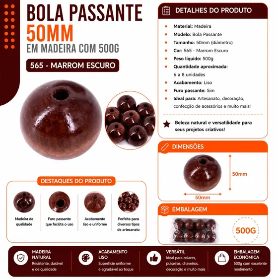 Bola Passante 50Mm Em Madeira Com 500G