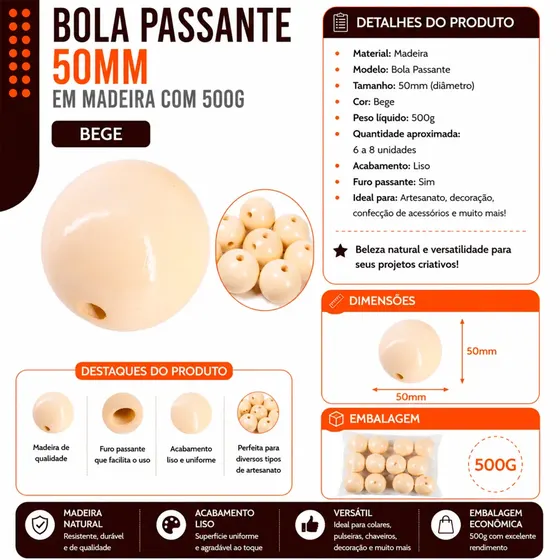 Bola Passante 50Mm Em Madeira Com 500G