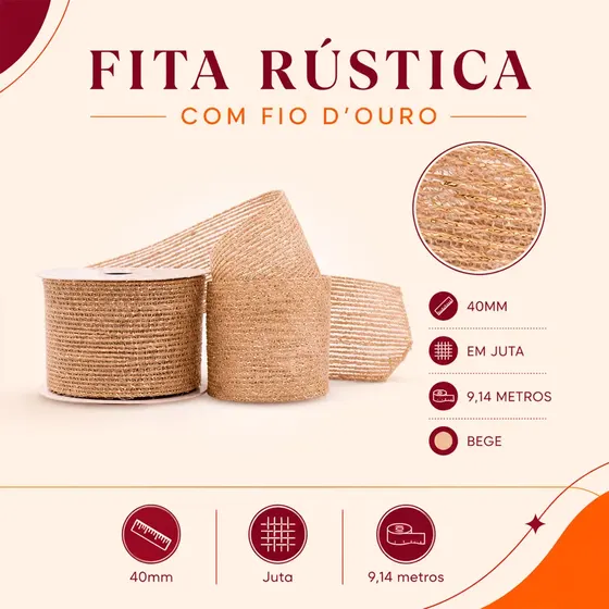 Fita Rustica Com Fio D'Ouro 40Mm Em Juta Com 9,14 Metros