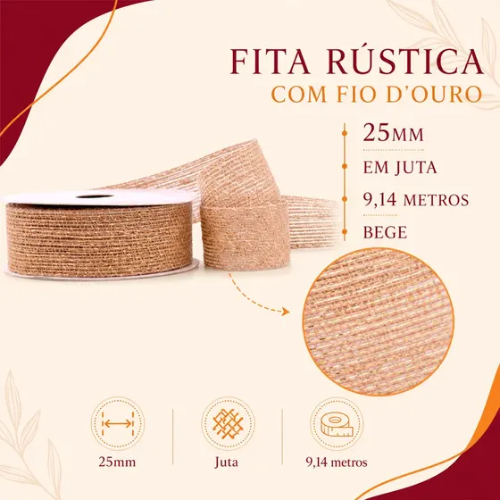 Fita Rustica Com Fio D'Ouro 25Mm Em Juta Com 9,14 Metros